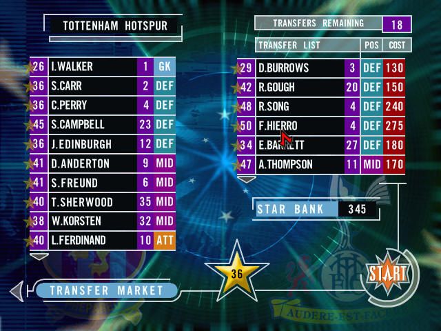 The F.A. Premier League Stars (Windows) screenshot: After a couple of games, you can trade one of your less used players for a Star, always at a cost.