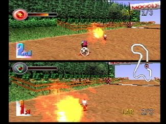 Chocobo Racing (PlayStation) screenshot: White Mage hit Mog with a Fire Magic Stone