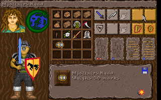 Dusk of the Gods (DOS) screenshot: The character screen and inventory. We have just recovered the head of Mjollnir, Thor's hammer!