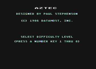 Aztec (Atari 8-bit) screenshot: Title screen and main menu (tape)