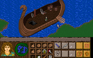 Dusk of the Gods (DOS) screenshot: On board of a Viking dragonboat. We don't need them to travel over water though, we have our own magical boat in our backpack.