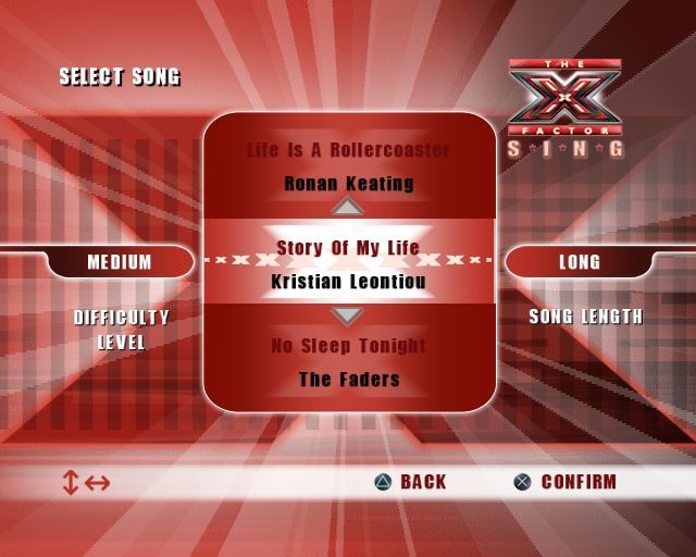 The X Factor Sing (PlayStation 2) screenshot: The song selection screen is used in all options. Left/Right arrow keys move between difficulty, song, and song length. Up/Down changes the selection