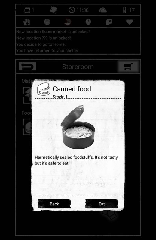 Buried Town (Android) screenshot: Canned food is quick way to combat hunger.