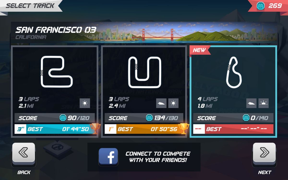 Horizon Chase: World Tour (Android) screenshot: Progress for the San Francisco races