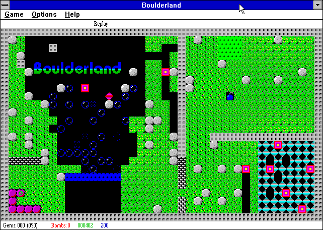 Boulderland (Windows 16-bit) screenshot: Title / demo screen