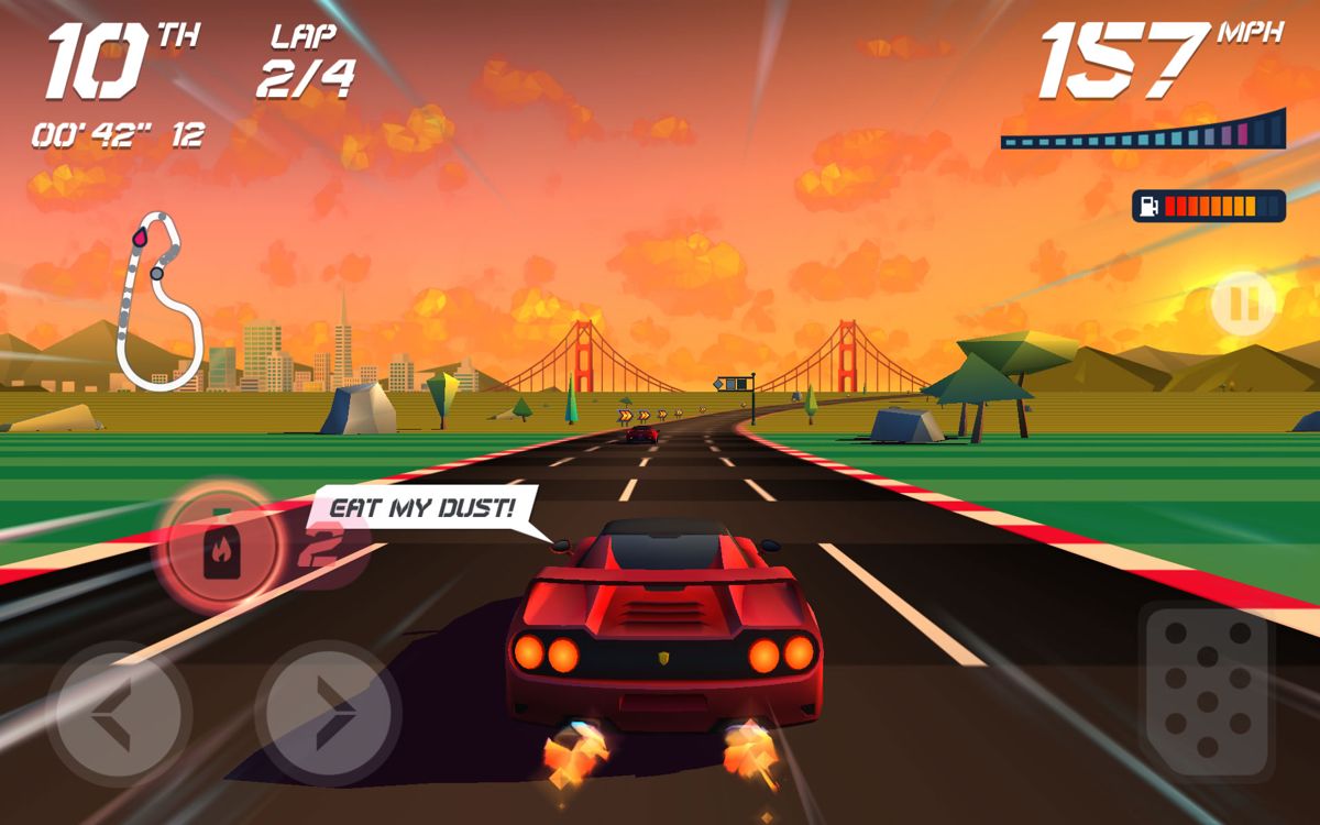 Horizon Chase: World Tour (Android) screenshot: Sometimes comments appear when you pass opponents.