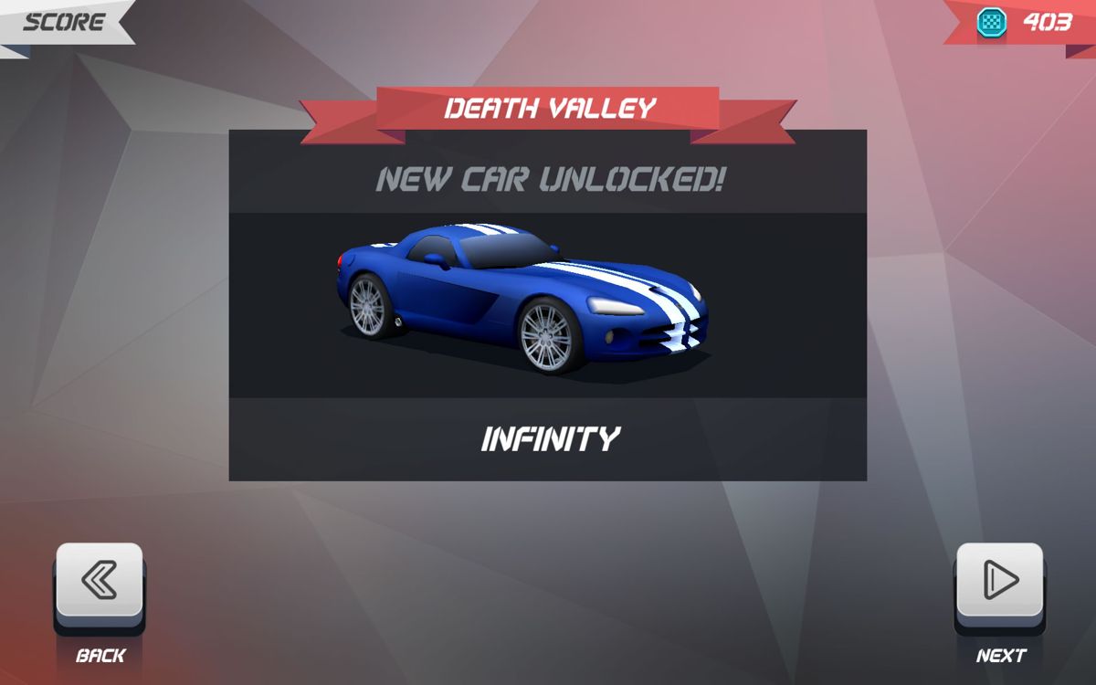 Horizon Chase: World Tour (Android) screenshot: A new car has been won.