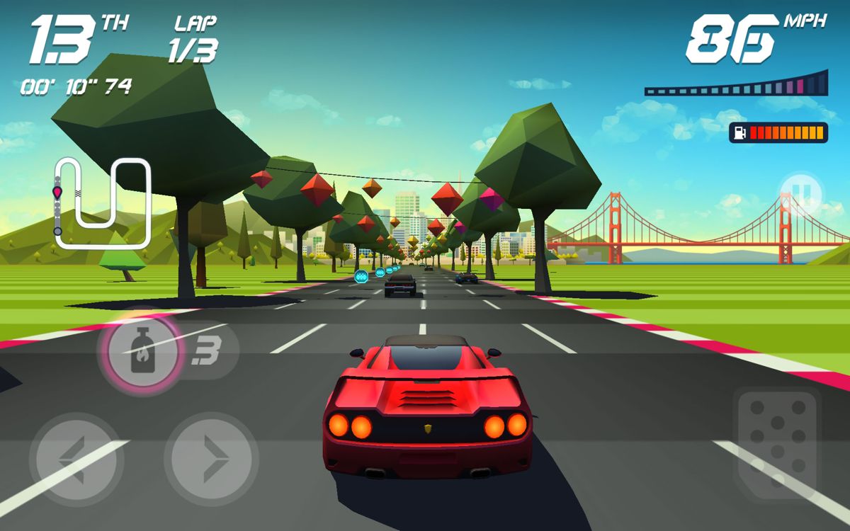 Horizon Chase: World Tour (Android) screenshot: A straight section with some race tokens up ahead