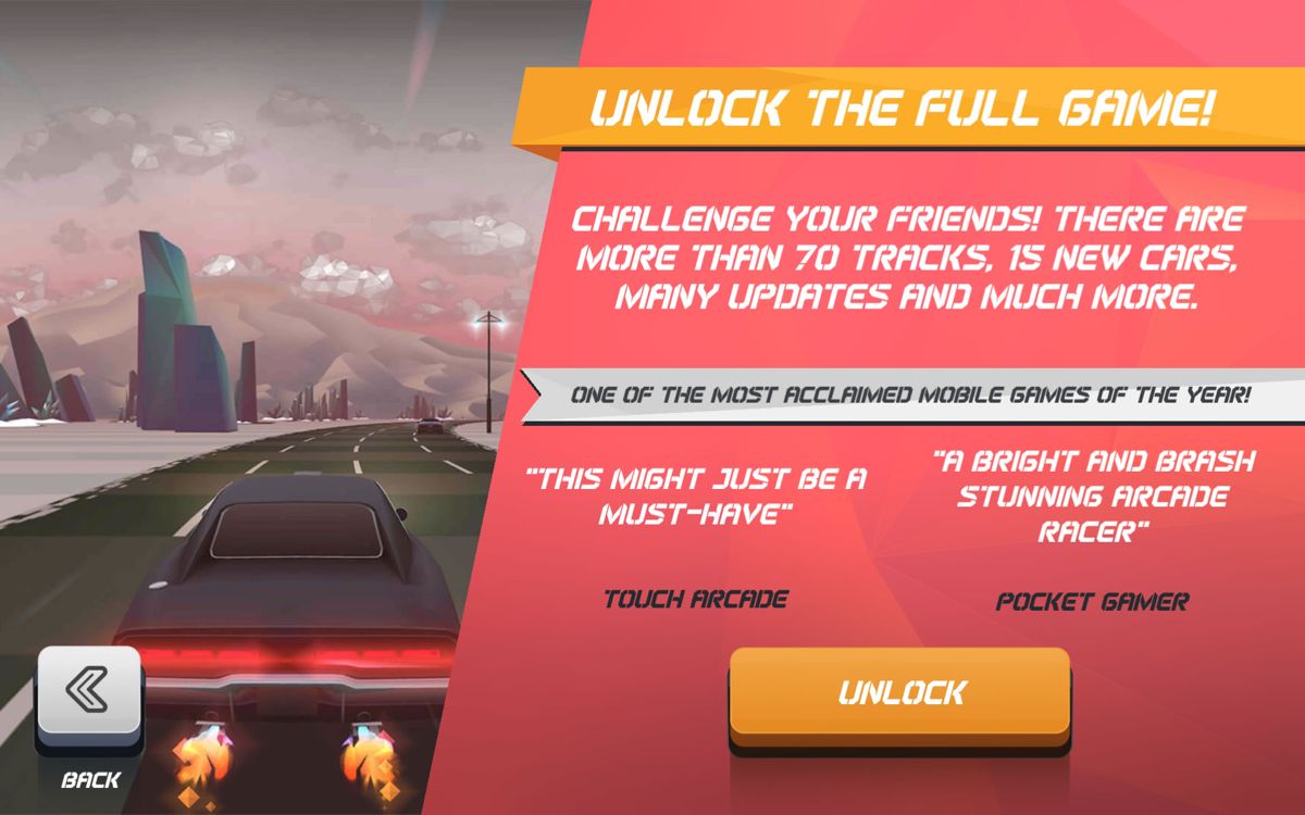 Horizon Chase: World Tour (Android) screenshot: Pay to unlock the entire game.