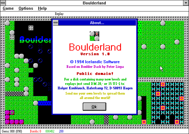 Boulderland (Windows 16-bit) screenshot: "About" window