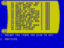 The Forest of Doom (ZX Spectrum) screenshot: ... there follows yet more text. Since this is a wizard he makes potions and there's a list of over 40 that can be bought