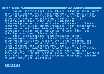 Leather Goddesses of Phobos (Atari 8-bit) screenshot: Adult content disclaimer