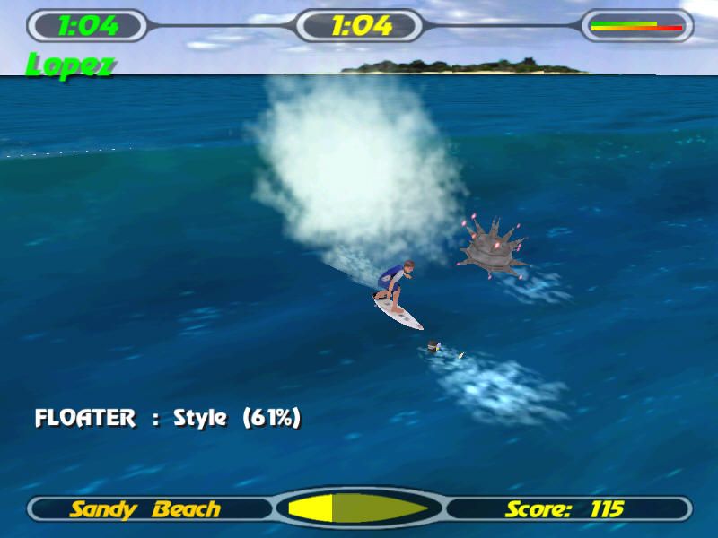 Championship Surfer (Windows) screenshot: Arcade has many objects (as well as divers) you must steer away from, or the board might break