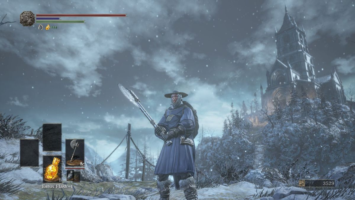 Dark Souls III: Ashes of Ariandel (Windows) screenshot: Posing in varied outfits in front of an imposing chapel. Plenty of great views in this DLC