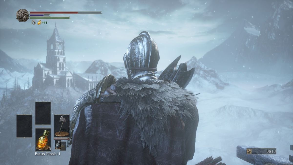 Dark Souls III: Ashes of Ariandel (Windows) screenshot: Standing on the top of a tall tower, admiring the view...