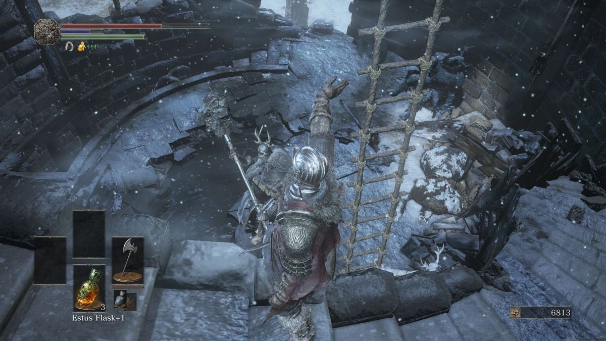 Dark Souls III: Ashes of Ariandel (Windows) screenshot: Below is a highly dangerous enemy. I wave to him as I continue on my path