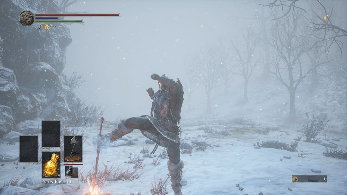 Dark Souls III: Ashes of Ariandel (Windows) screenshot: Starting the DLC. Jumping of joy because there is more Dark Souls to get addicted to. Let it snow, let it snow, let it snow...