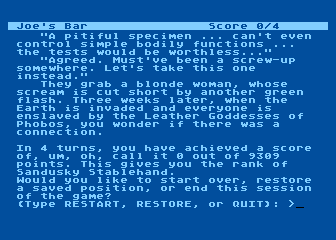 Leather Goddesses of Phobos (Atari 8-bit) screenshot: An embarrassing death, to be sure.