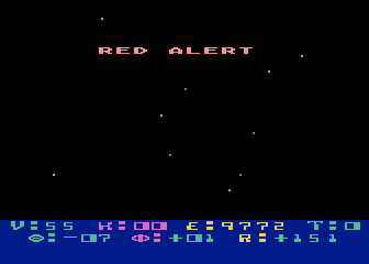 Star Raiders (Atari 8-bit) screenshot: I've entered an area with enemies. Red alert.