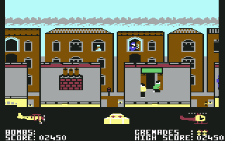 Biggles (Commodore 64) screenshot: From riding the biplane to navigating the rooftops