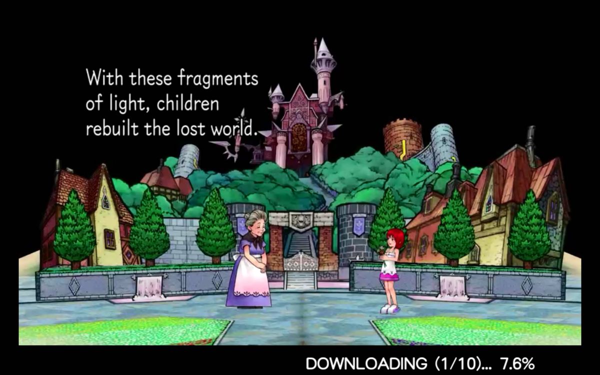 Kingdom Hearts: Unchained χ (Android) screenshot: The setting and the story is introduced while most of the content is being downloaded in the background.