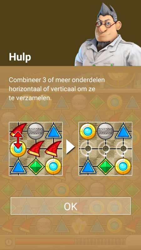 Knack's Quest (Android) screenshot: The interactive tutorial with the doctor who created Knack (Dutch version)