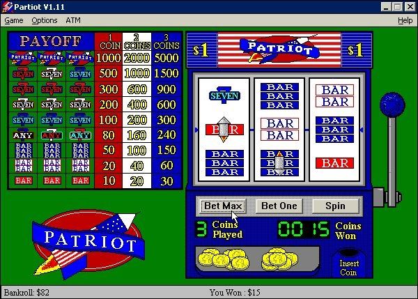 Patriot Slots (Windows) screenshot: Here we have a feature win. The symbol on the left reel was originally just below the pay line but, because it has a rocket on it, it moved up to complete the winning line