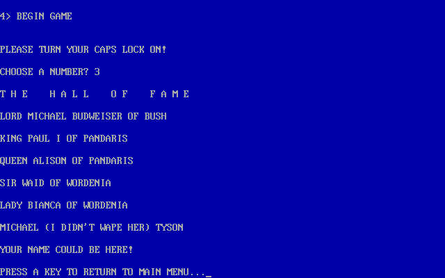Caverns of Chaos (DOS) screenshot: High score table (Z-code)