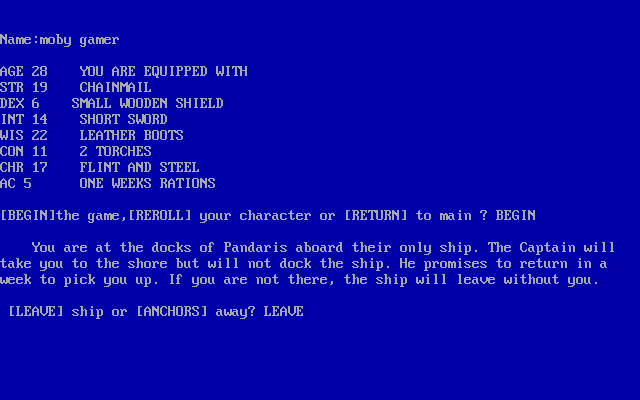 Caverns of Chaos (DOS) screenshot: Generating a character, starting location (Z-code)