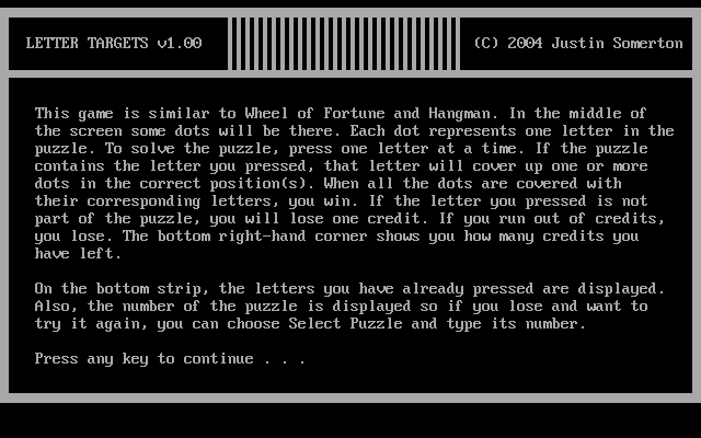 Letter Targets (DOS) screenshot: Instructions