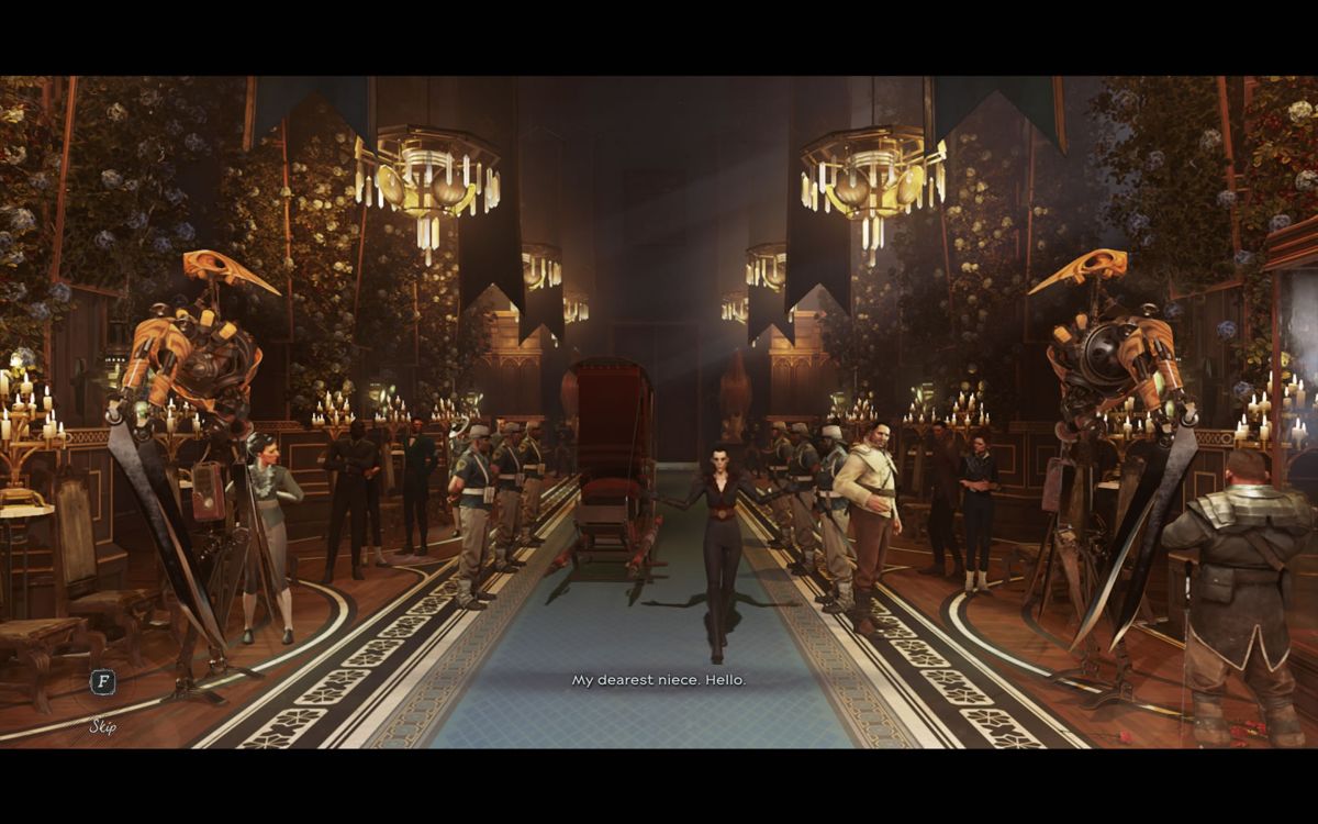 Dishonored 2 (Windows) screenshot: An unexpected party arrives in the throne room.