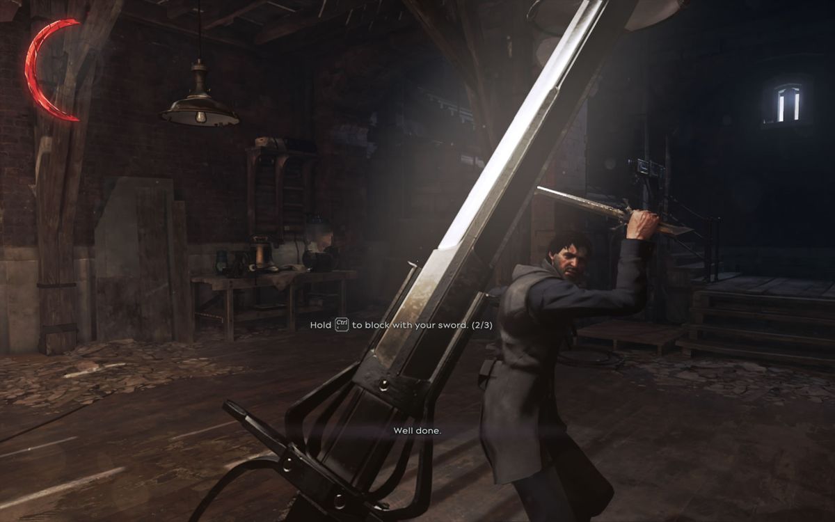 Dishonored 2 (Windows) screenshot: Sparring against Corvo in the tutorial.