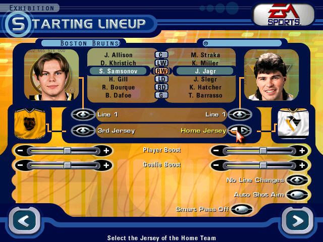 NHL 2000 (Windows) screenshot: The new pre-match screen, where you can set the initial lines, jerseys, boosts and other options
