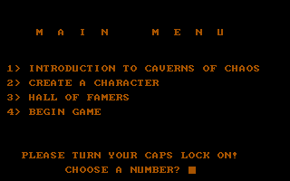 Caverns of Chaos (DOS) screenshot: Start menu