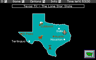 Headline Harry and The Great Paper Race (DOS) screenshot: Texas Map.