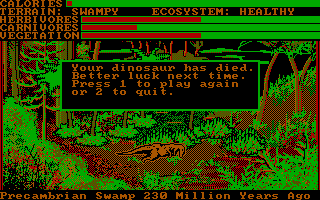 Designasaurus (DOS) screenshot: Walk-a-Dino: My dino died of starvation!