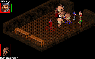 Realms of Arkania III: Shadows over Riva (DOS) screenshot: Battling the mage and his unholy beasts.