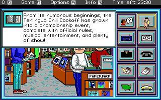 Headline Harry and The Great Paper Race (DOS) screenshot: Reading a book at a bookstore.