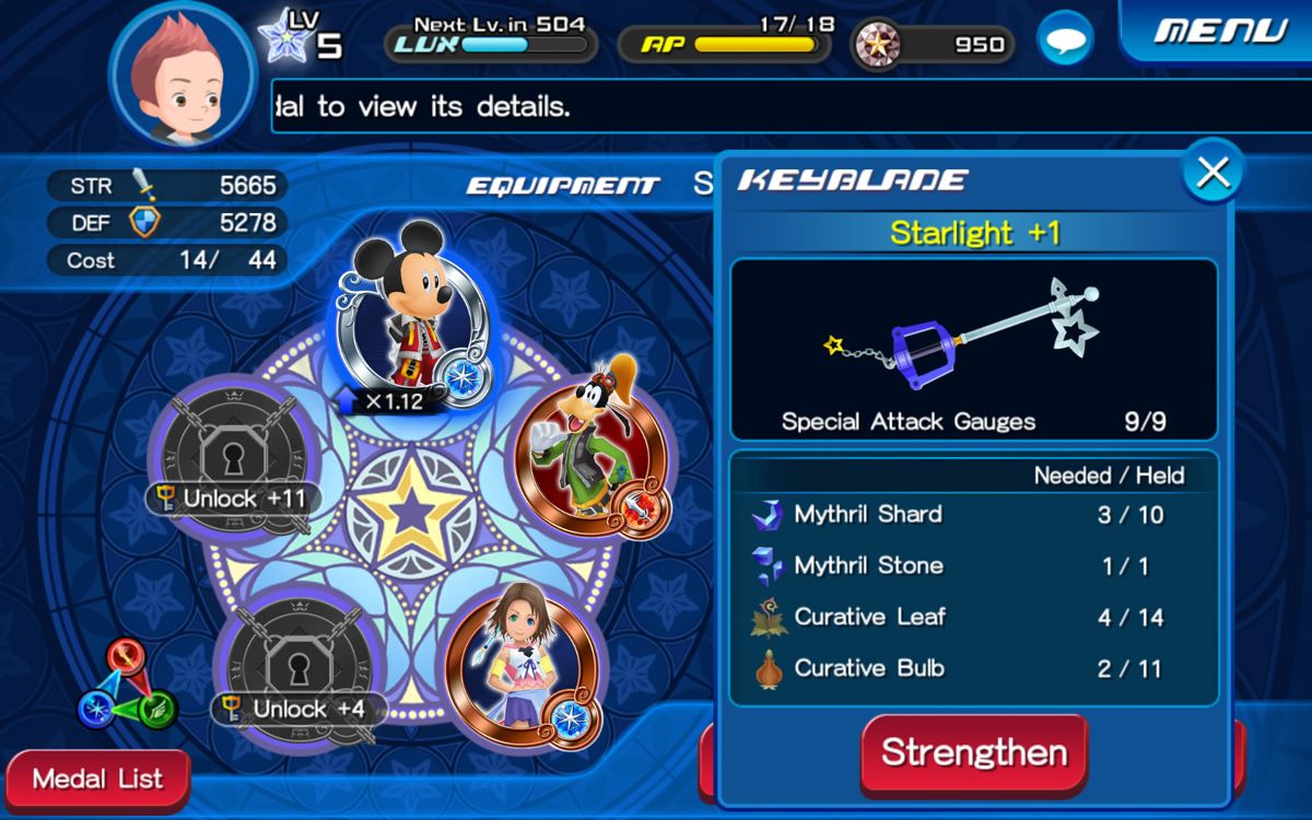 Kingdom Hearts: Unchained χ (Android) screenshot: I have the required items to make my Keyblade stronger.