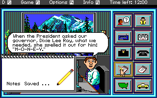 Headline Harry and The Great Paper Race (DOS) screenshot: Jotting down a note.
