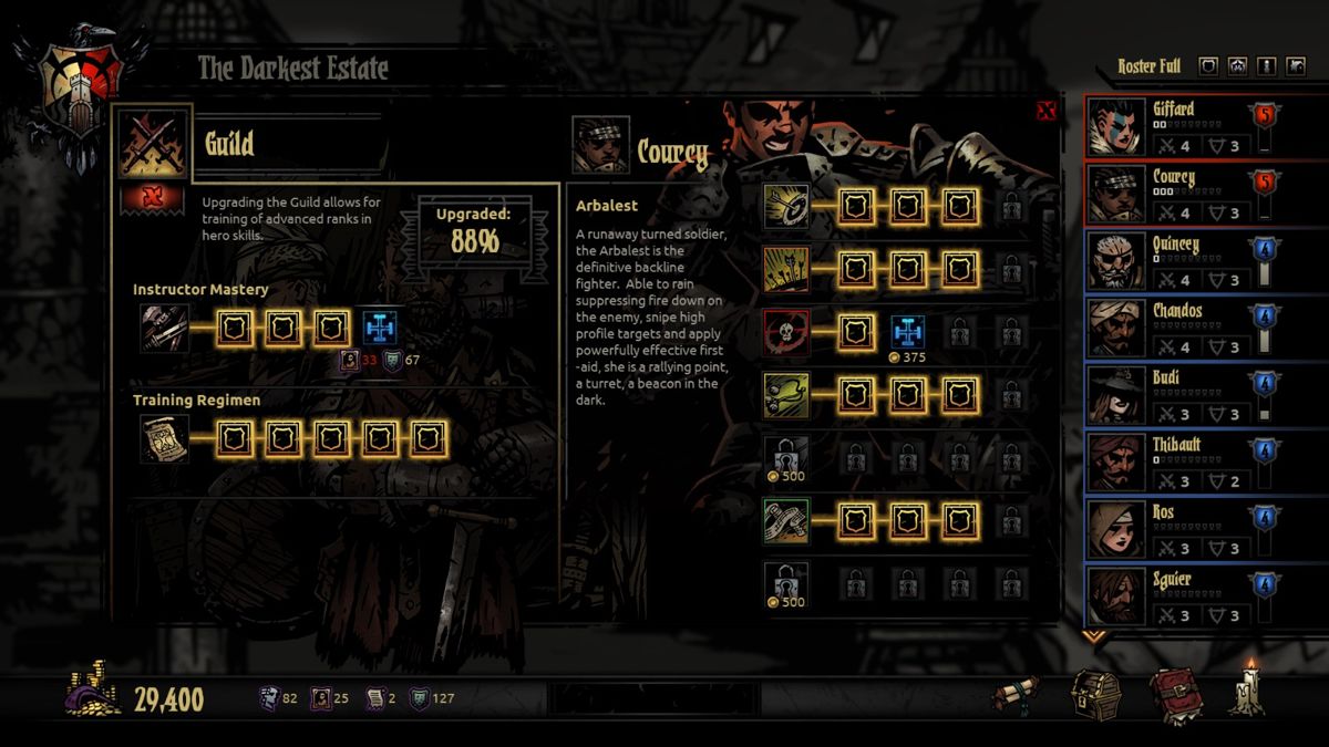 Darkest Dungeon (Windows) screenshot: Upgrading the guild and my Arbalest. All those golden shields cost me my spare kidney, so I only went for them because I knew they'd be useful.