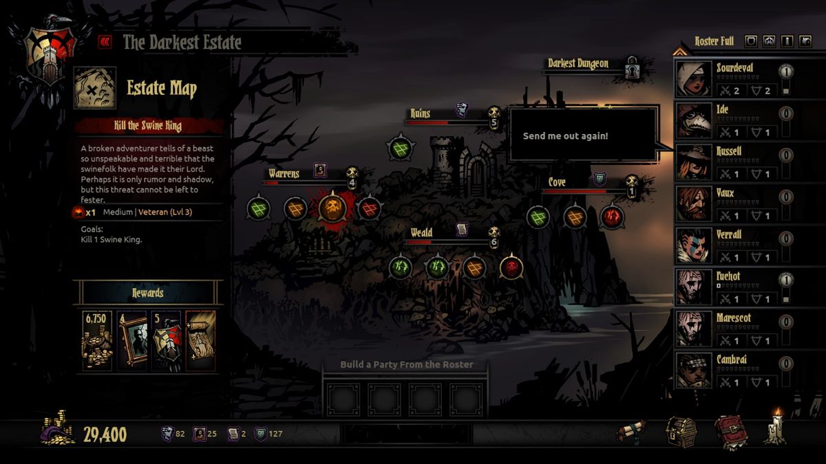 Darkest Dungeon (Windows) screenshot: Tonight, we're off to fight one of the major aberrations left behind by our predecessor. Notice the Darkest Dungeon is closed - it is because it hasn't been patched into the game yet.