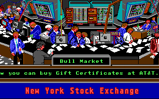 Stock Market: The Game (DOS) screenshot: Reading the news at the Bull Market