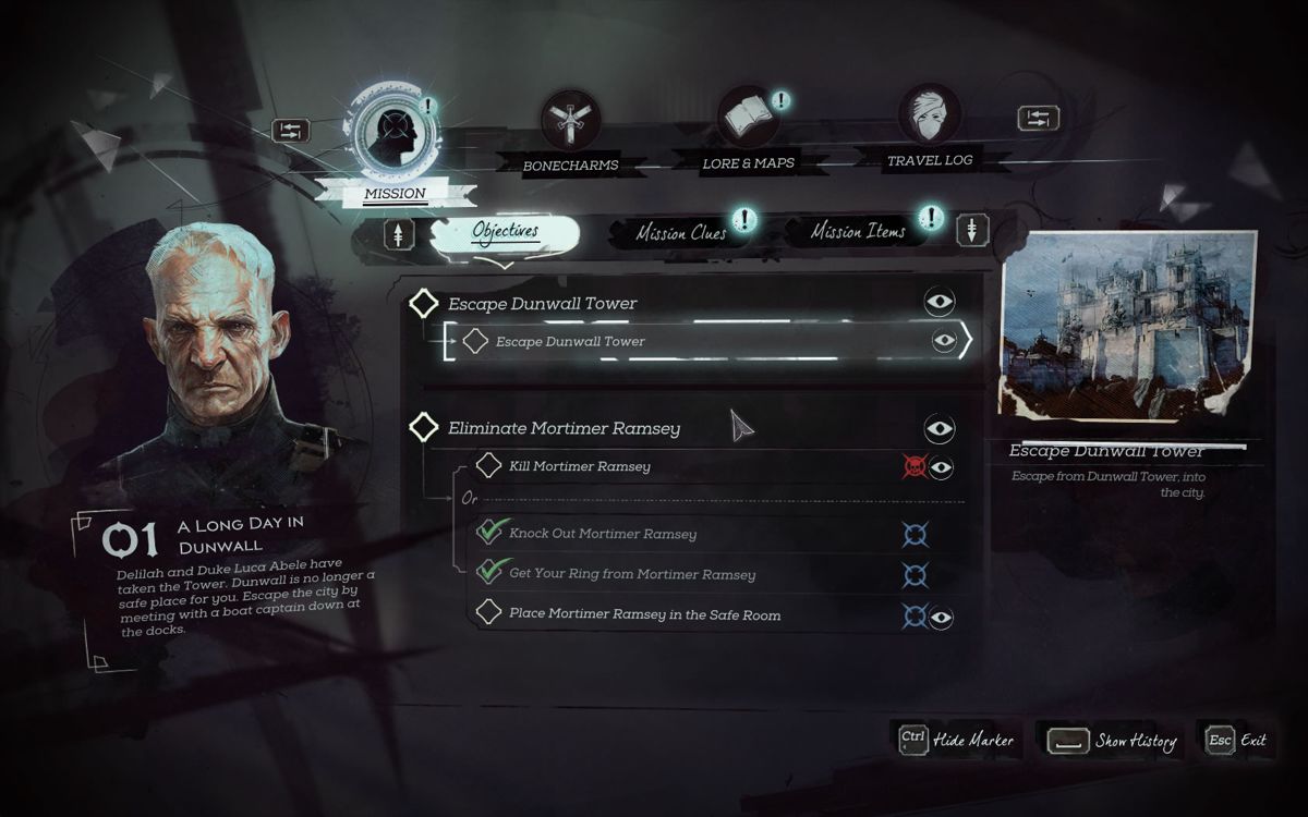 Dishonored 2 (Windows) screenshot: Quest progress