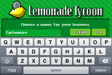 Lemonade Tycoon (iPhone) screenshot: Enter the name for your blossoming lemonade business