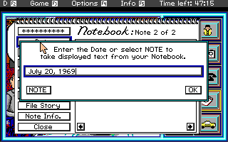 Headline Harry and The Great Paper Race (DOS) screenshot: You need to collect information such as the year, the date, and key words and people for your notebook.