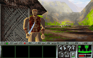 Deus (DOS) screenshot: Our first encounter with the locals (VGA)