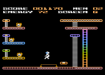 Mr. Robot and His Robot Factory (Atari 8-bit) screenshot: Screen G - Landing on a trampoline to survive a long fall