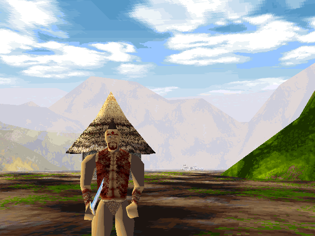 Deus (DOS) screenshot: Our first encounter with the locals (SVGA)