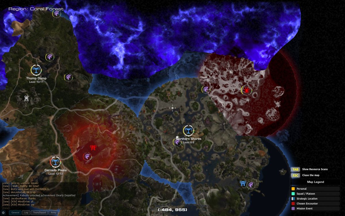 Firefall (Windows) screenshot: The map - red means the Chosen are attacking